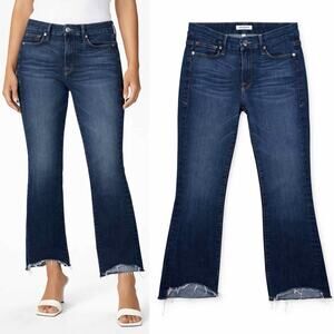 Good American Straight Leg Raw Hem Cropped Dark Wash Jeans Sz 28